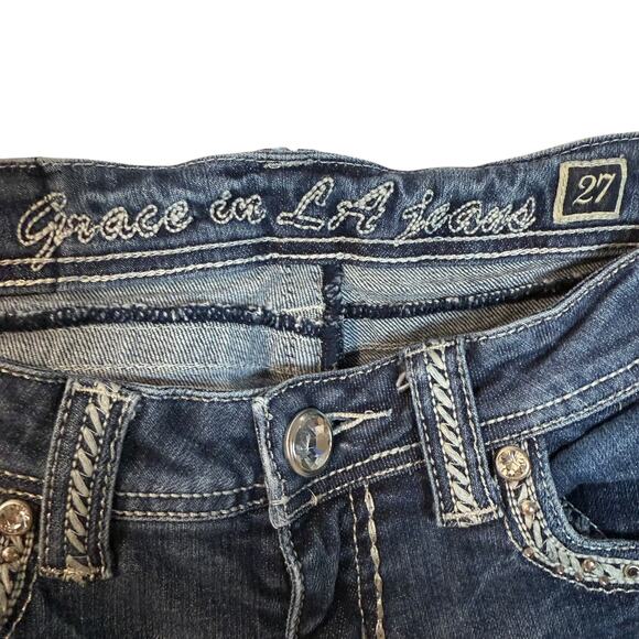 Grace In La Jeans Womens 7/27 Blue Denim Stretch Beaded 5-Pockets Boot Cut Leg - Picture 11 of 16